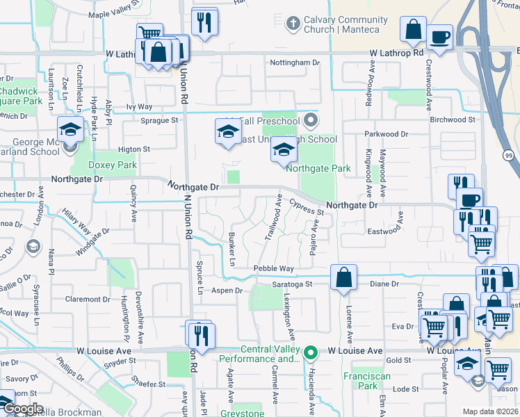 map of restaurants, bars, coffee shops, grocery stores, and more near 951 Cypress Street in Manteca