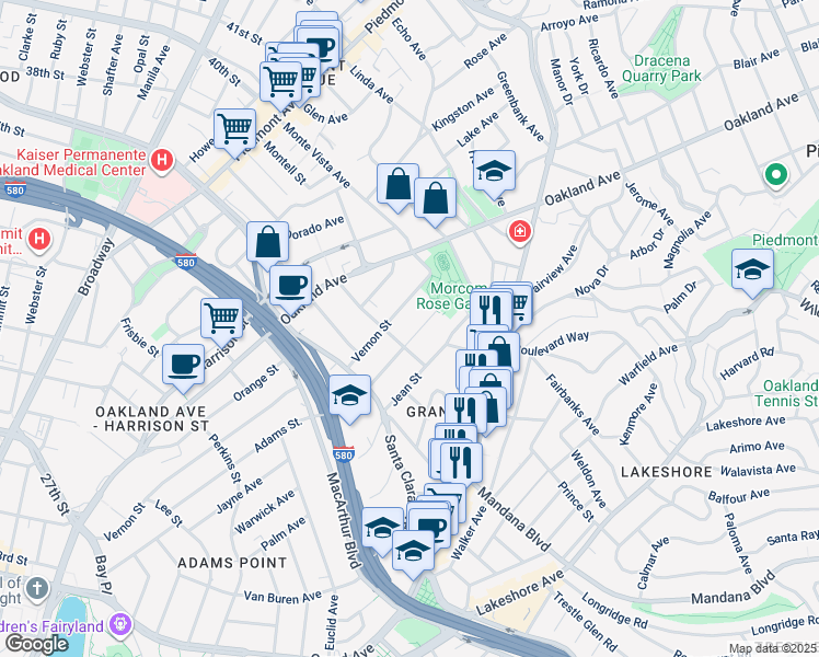 map of restaurants, bars, coffee shops, grocery stores, and more near 645 Chetwood Street in Oakland