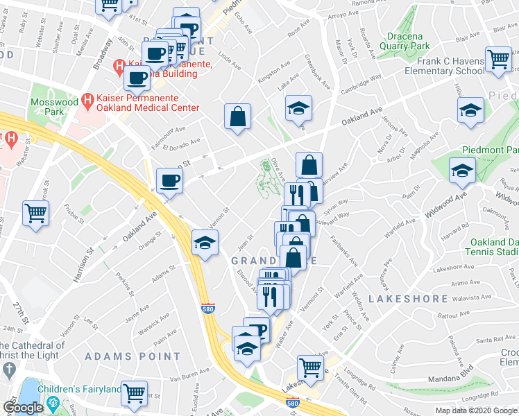 map of restaurants, bars, coffee shops, grocery stores, and more near 678 Chetwood Street in Oakland