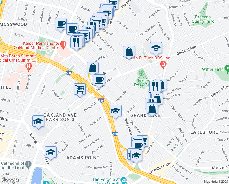map of restaurants, bars, coffee shops, grocery stores, and more near 40 Moss Avenue in Oakland