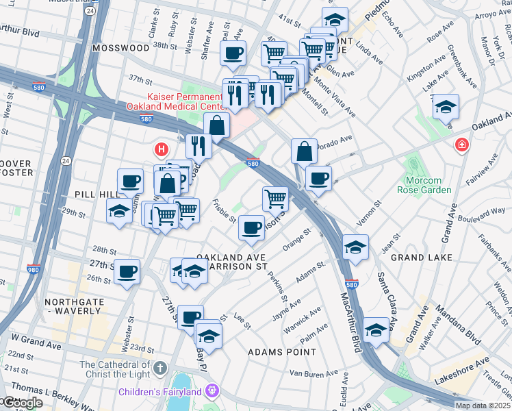 map of restaurants, bars, coffee shops, grocery stores, and more near 3278 Kempton Avenue in Oakland