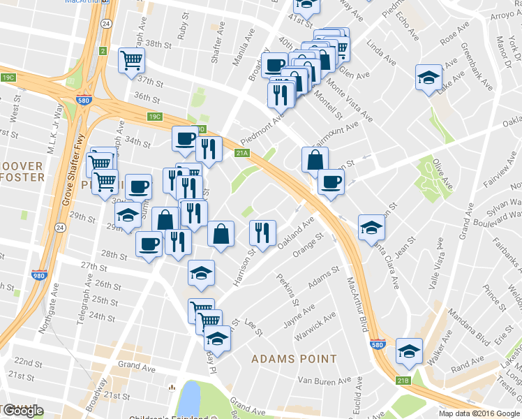 map of restaurants, bars, coffee shops, grocery stores, and more near 3278 Kempton Avenue in Oakland