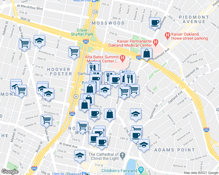 map of restaurants, bars, coffee shops, grocery stores, and more near 3017 Summit Street in Oakland