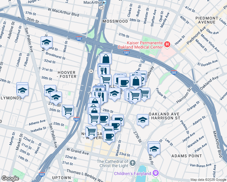 map of restaurants, bars, coffee shops, grocery stores, and more near in Oakland
