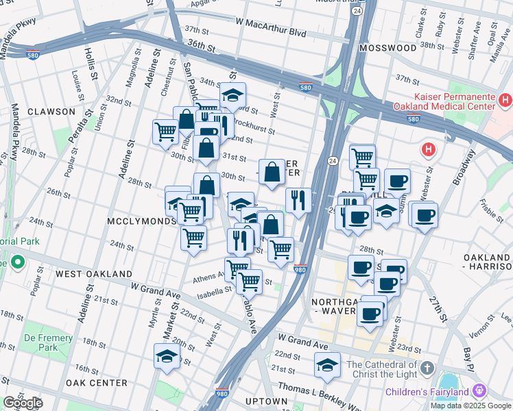map of restaurants, bars, coffee shops, grocery stores, and more near 2917 West Street in Oakland