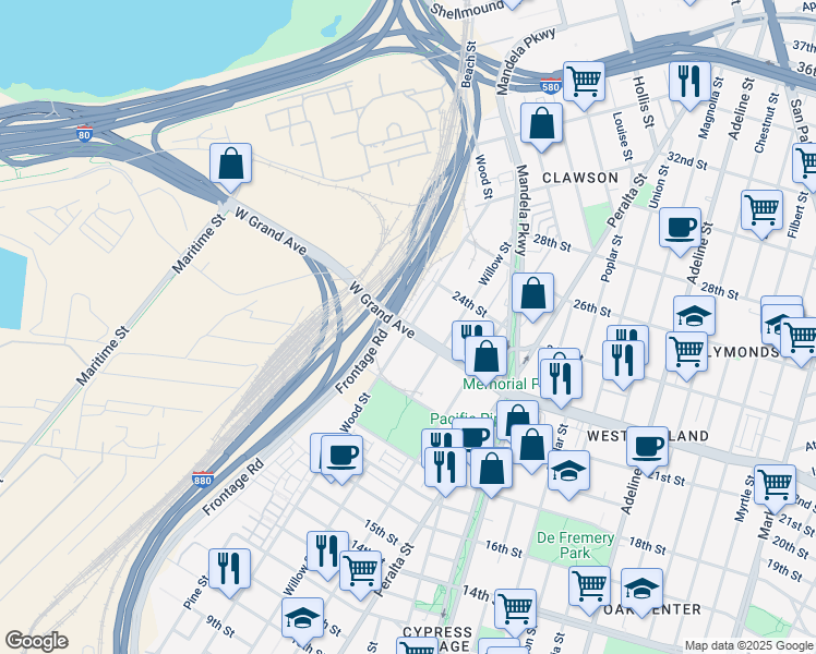 map of restaurants, bars, coffee shops, grocery stores, and more near W Grand Ave in Oakland
