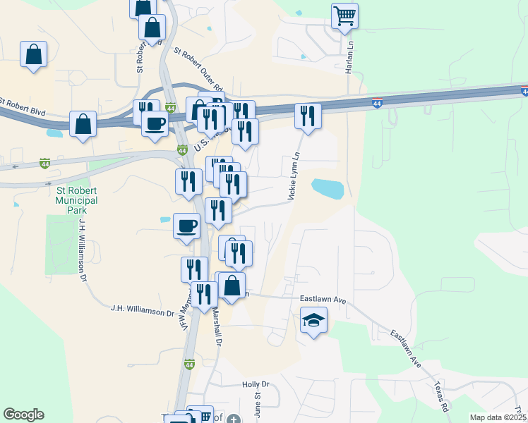 map of restaurants, bars, coffee shops, grocery stores, and more near 291 Vickie Lynn Lane in Saint Robert