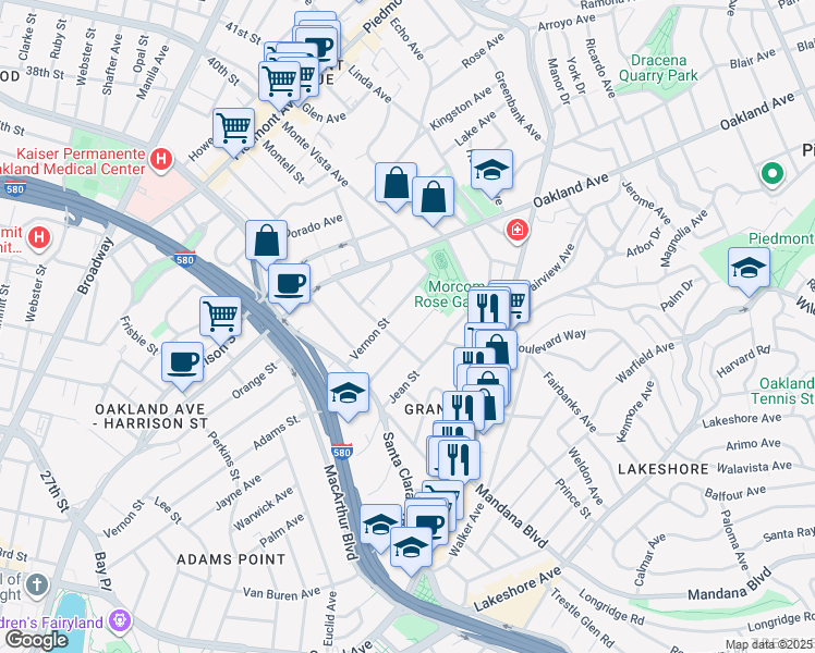 map of restaurants, bars, coffee shops, grocery stores, and more near 645 Chetwood Street in Oakland