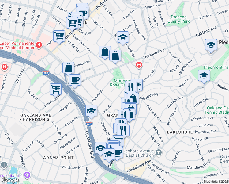 map of restaurants, bars, coffee shops, grocery stores, and more near 678 Chetwood Street in Oakland
