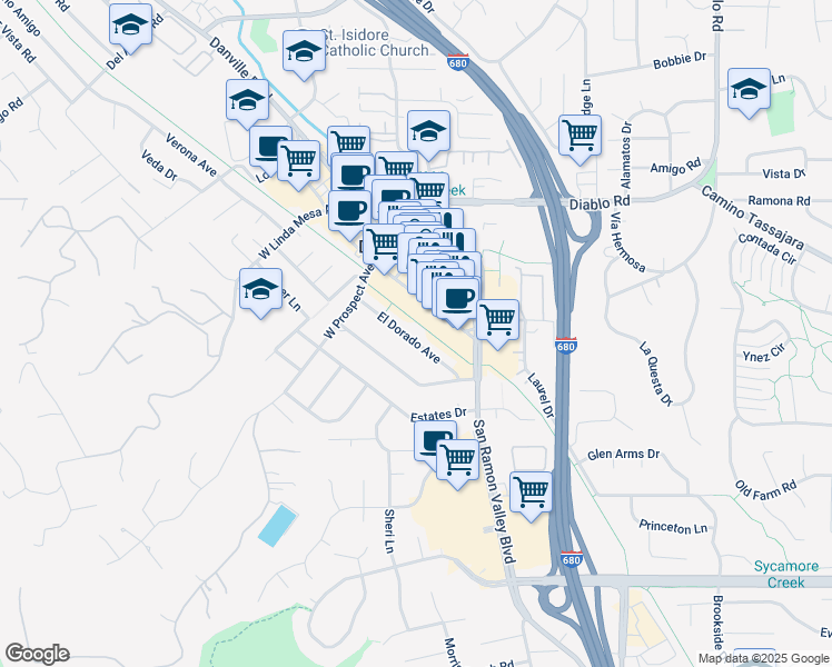 map of restaurants, bars, coffee shops, grocery stores, and more near 164 El Dorado Avenue in Danville