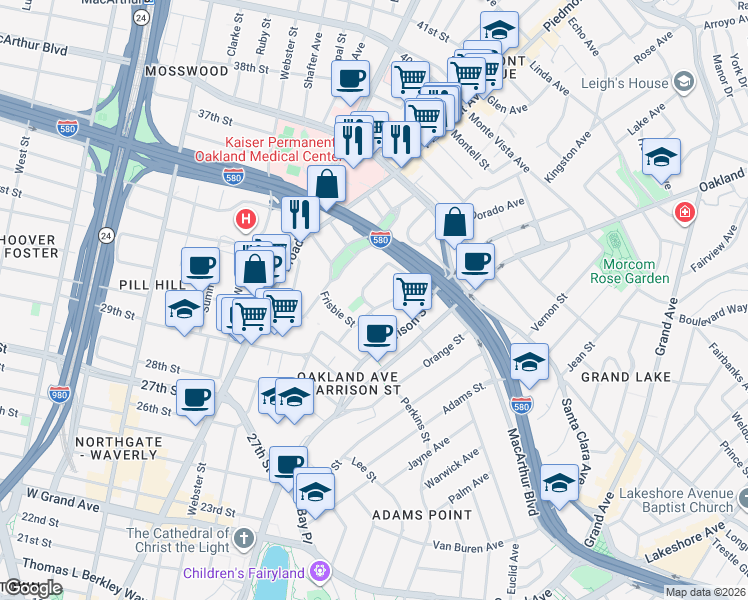 map of restaurants, bars, coffee shops, grocery stores, and more near 3278 Kempton Avenue in Oakland