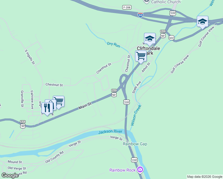 map of restaurants, bars, coffee shops, grocery stores, and more near 1000-1048 Cliftwood Circle in Clifton Forge