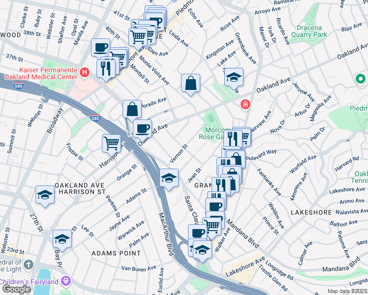 map of restaurants, bars, coffee shops, grocery stores, and more near Vernon Street & Santa Rosa Avenue in Oakland