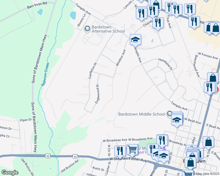 map of restaurants, bars, coffee shops, grocery stores, and more near 130 Windsor Avenue in Bardstown