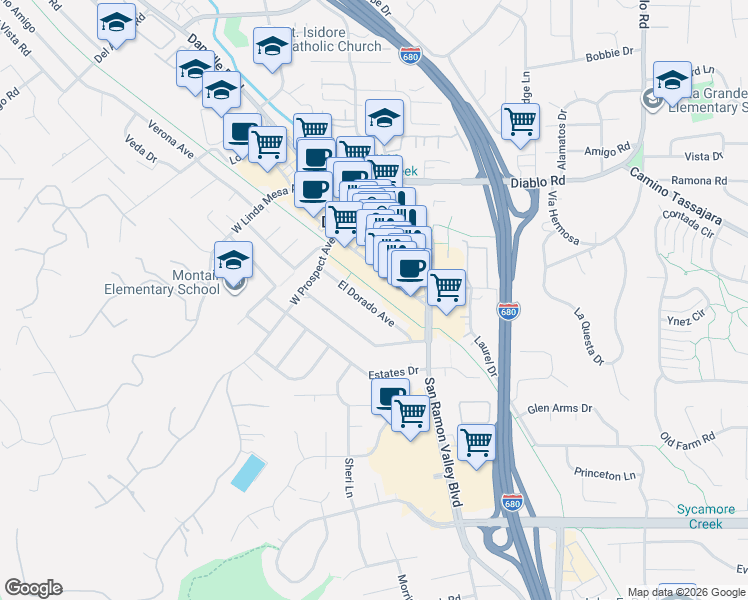map of restaurants, bars, coffee shops, grocery stores, and more near 164 El Dorado Avenue in Danville