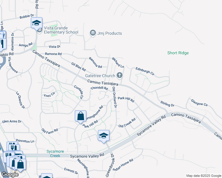 map of restaurants, bars, coffee shops, grocery stores, and more near 709 Thornhill Road in Danville