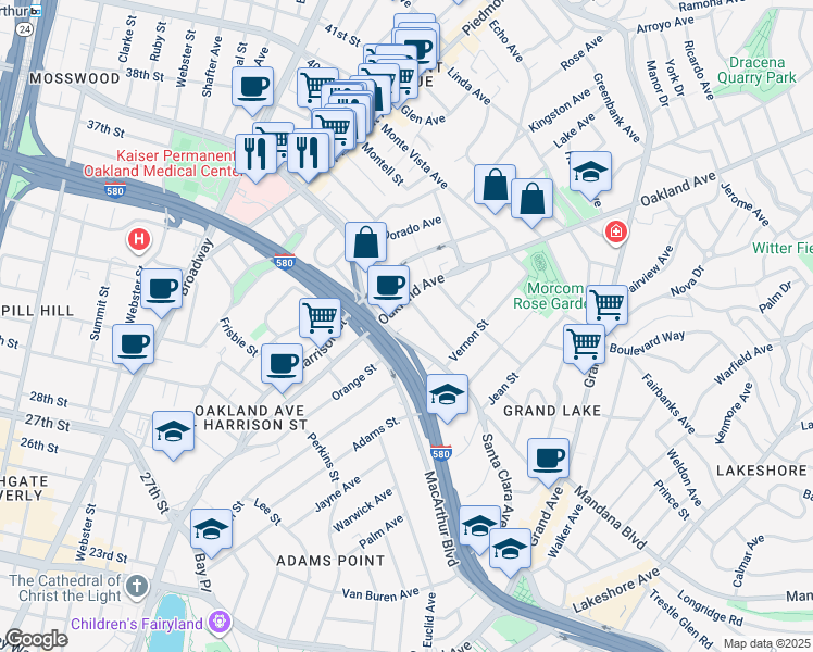 map of restaurants, bars, coffee shops, grocery stores, and more near 166 Santa Clara Avenue in Oakland