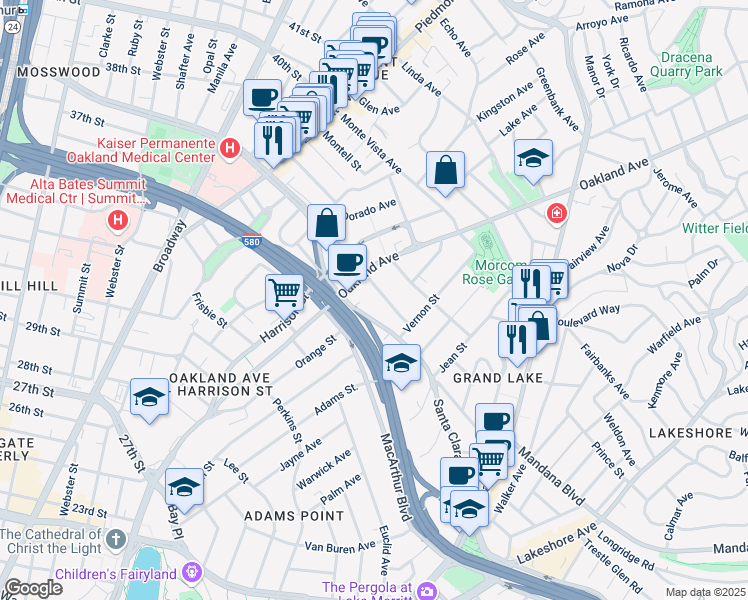 map of restaurants, bars, coffee shops, grocery stores, and more near 33 Moss Avenue in Oakland