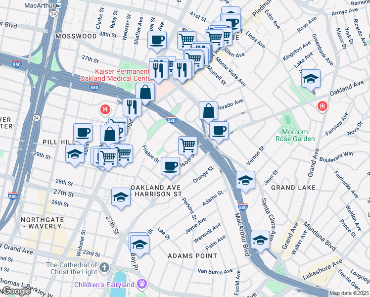 map of restaurants, bars, coffee shops, grocery stores, and more near 421 Fairmount Avenue in Oakland