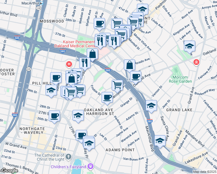 map of restaurants, bars, coffee shops, grocery stores, and more near 3278 Kempton Avenue in Oakland