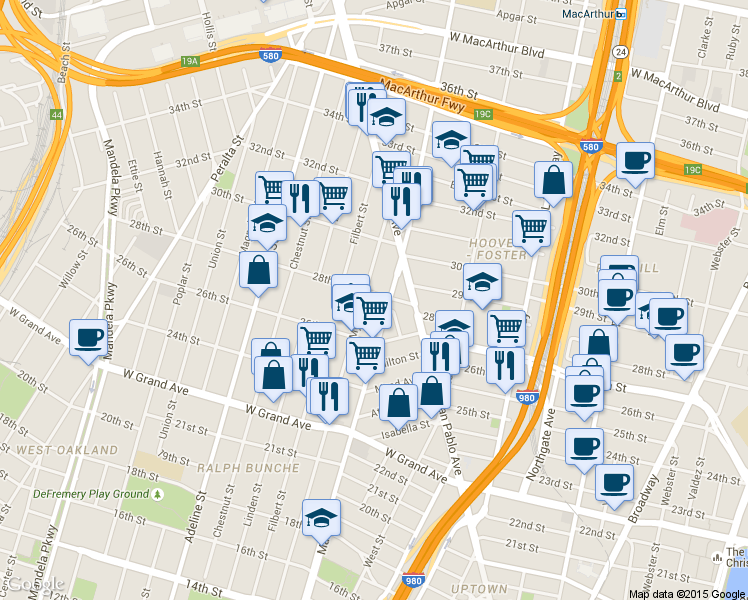 map of restaurants, bars, coffee shops, grocery stores, and more near 2941 Market Street in Oakland