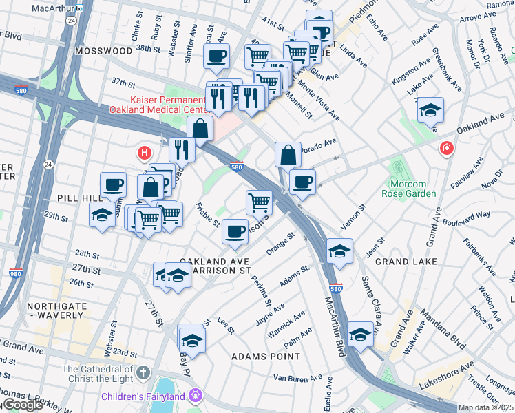 map of restaurants, bars, coffee shops, grocery stores, and more near Fairmount Avenue in Piedmont