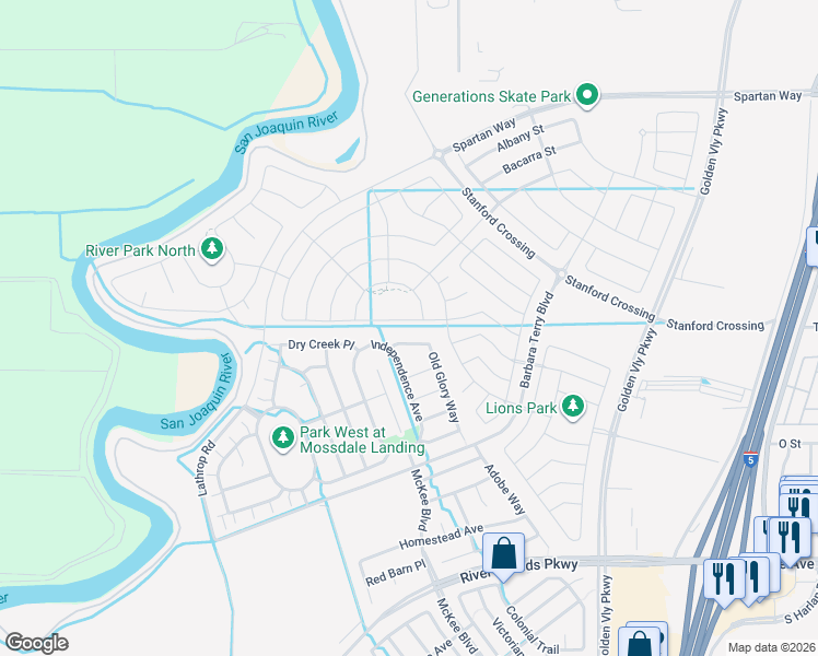 map of restaurants, bars, coffee shops, grocery stores, and more near 15650 Lathrop Road in Lathrop