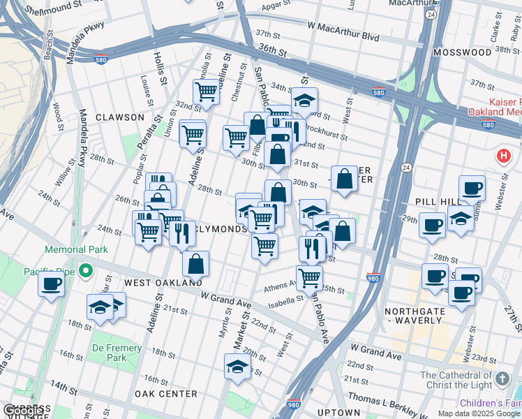 map of restaurants, bars, coffee shops, grocery stores, and more near 2740 Myrtle Street in Oakland