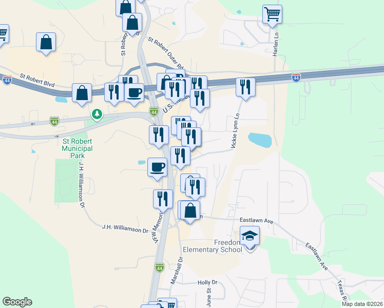 map of restaurants, bars, coffee shops, grocery stores, and more near 240 Marshall Drive in Saint Robert