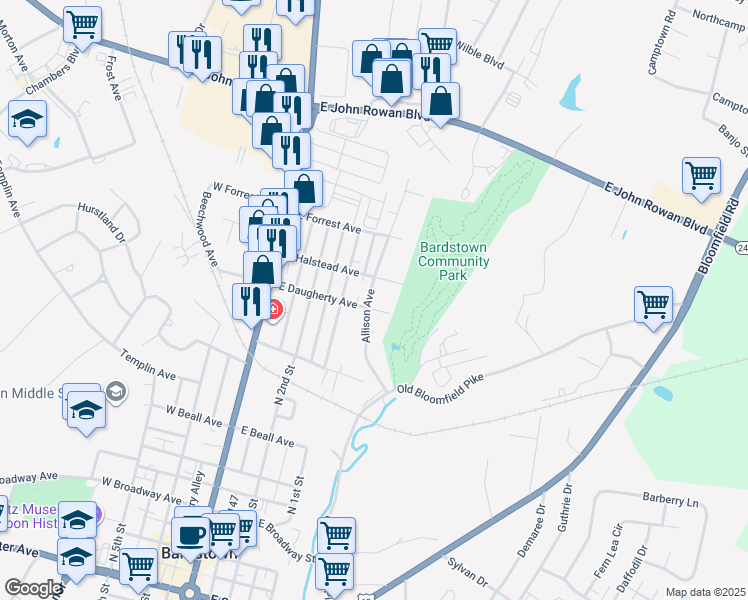 map of restaurants, bars, coffee shops, grocery stores, and more near Cs-1160 in Bardstown