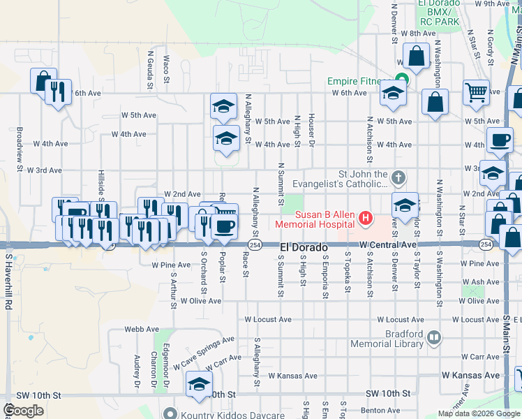 map of restaurants, bars, coffee shops, grocery stores, and more near 229 N Alleghany St in El Dorado