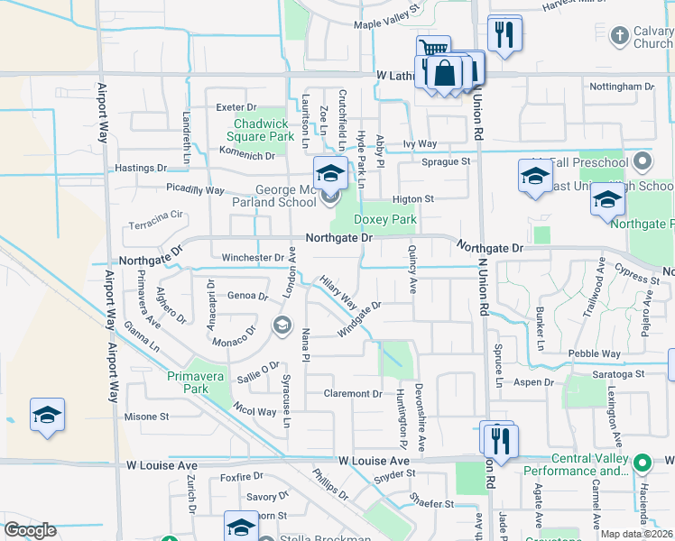 map of restaurants, bars, coffee shops, grocery stores, and more near 1516 Liverpool Court in Manteca