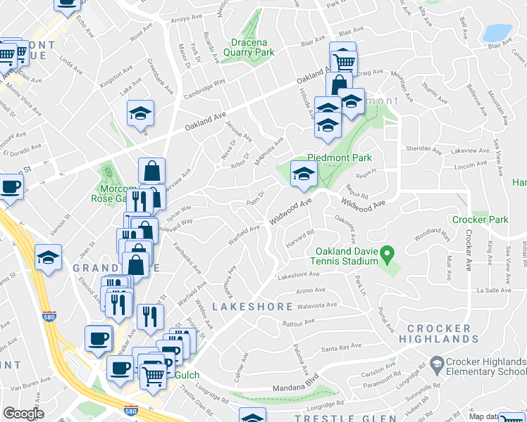 map of restaurants, bars, coffee shops, grocery stores, and more near 1111 Winsor Avenue in Piedmont