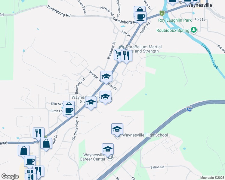 map of restaurants, bars, coffee shops, grocery stores, and more near 801 Pike Street in Waynesville