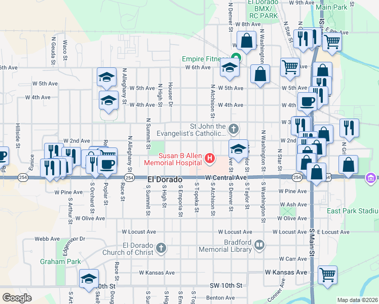map of restaurants, bars, coffee shops, grocery stores, and more near 212 North Topeka Street in El Dorado