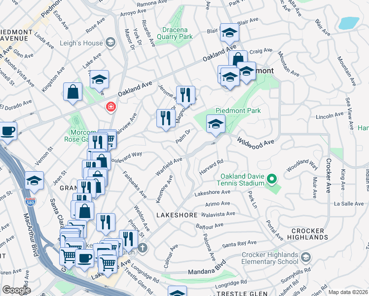 map of restaurants, bars, coffee shops, grocery stores, and more near 1111 Winsor Avenue in Piedmont