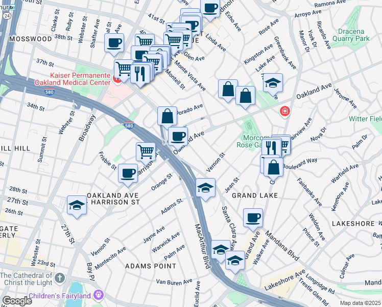 map of restaurants, bars, coffee shops, grocery stores, and more near 40 Moss Avenue in Oakland