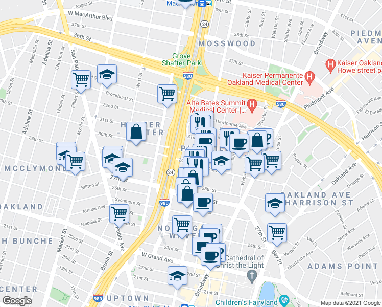 map of restaurants, bars, coffee shops, grocery stores, and more near 532 30th Street in Oakland