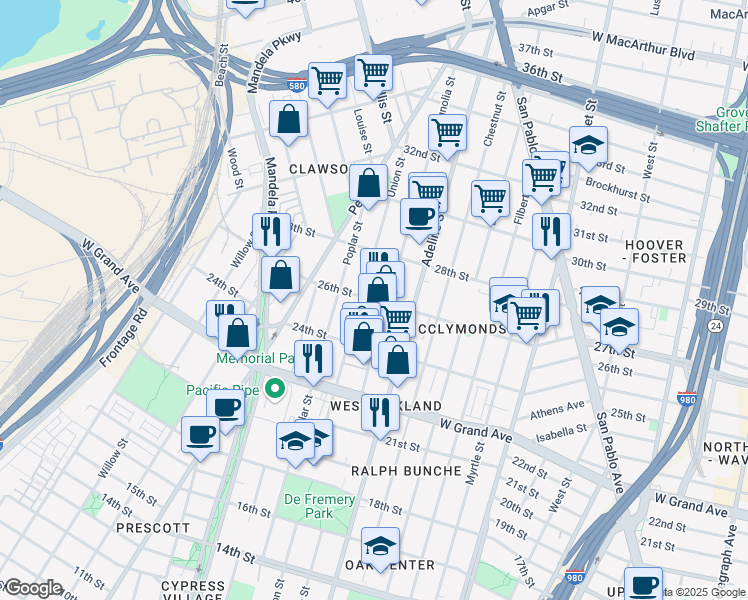 map of restaurants, bars, coffee shops, grocery stores, and more near 2600 Union Street in Oakland
