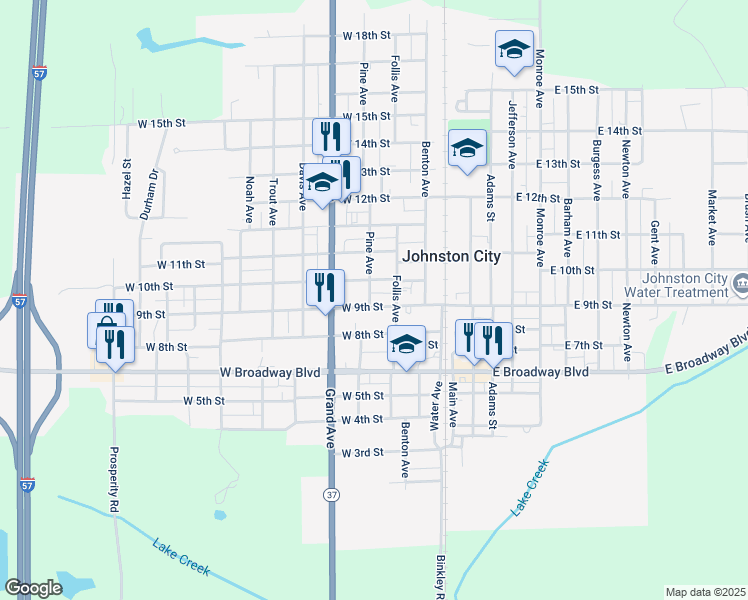 map of restaurants, bars, coffee shops, grocery stores, and more near 305-311 West 10th Street in Johnston City