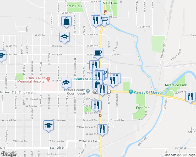 map of restaurants, bars, coffee shops, grocery stores, and more near 117 West 2nd Avenue in El Dorado