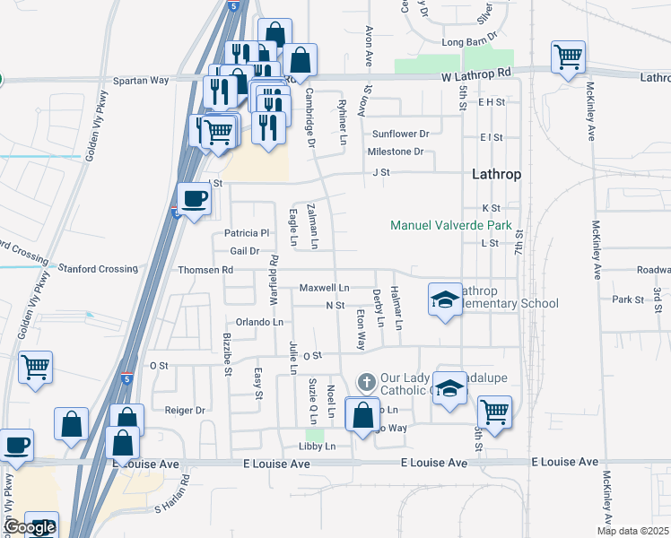 map of restaurants, bars, coffee shops, grocery stores, and more near 601 Thomsen Road in Lathrop