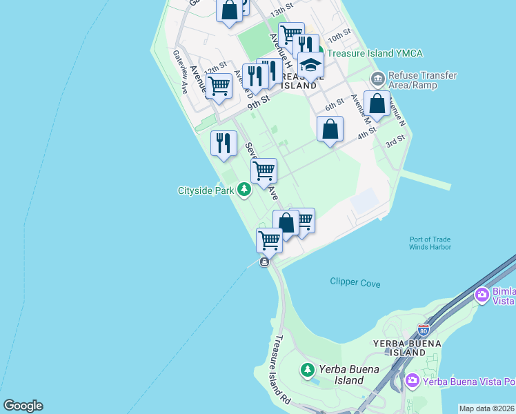 map of restaurants, bars, coffee shops, grocery stores, and more near 301-399 Avenue A in San Francisco