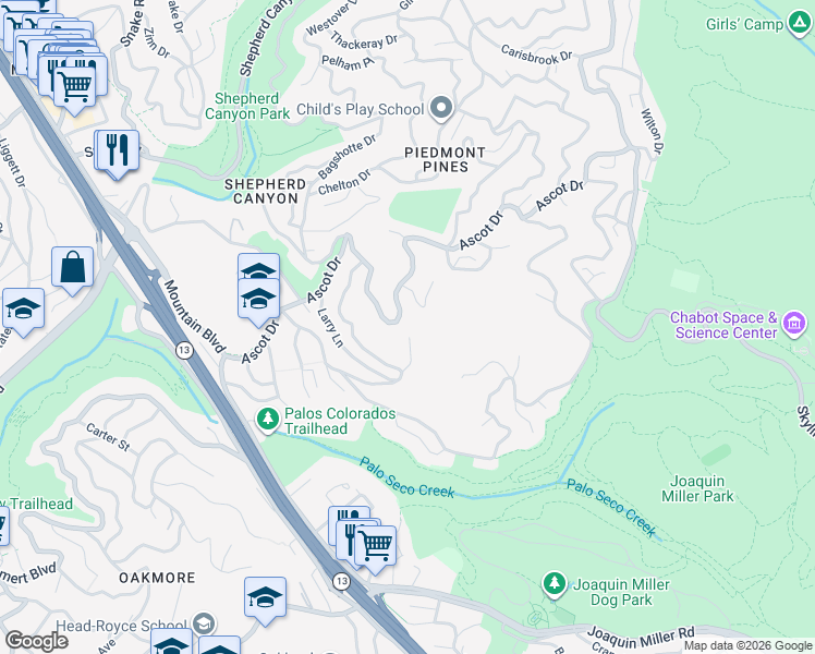 map of restaurants, bars, coffee shops, grocery stores, and more near 5982 Ascot Drive in Oakland