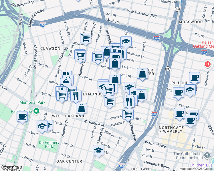 map of restaurants, bars, coffee shops, grocery stores, and more near 2742 Myrtle Street in Oakland