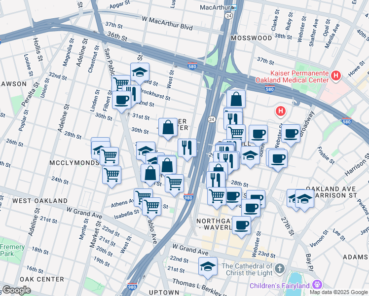 map of restaurants, bars, coffee shops, grocery stores, and more near 2915 Martin Luther King Junior Way in Oakland