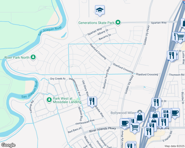 map of restaurants, bars, coffee shops, grocery stores, and more near 15801 Barbara Terry Boulevard in Lathrop