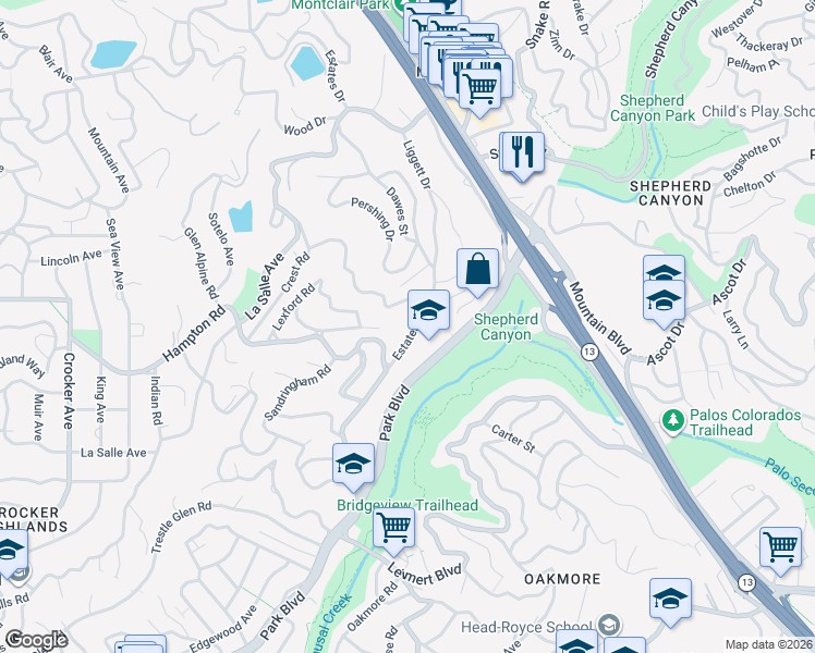 map of restaurants, bars, coffee shops, grocery stores, and more near 239 Estates Drive in Piedmont