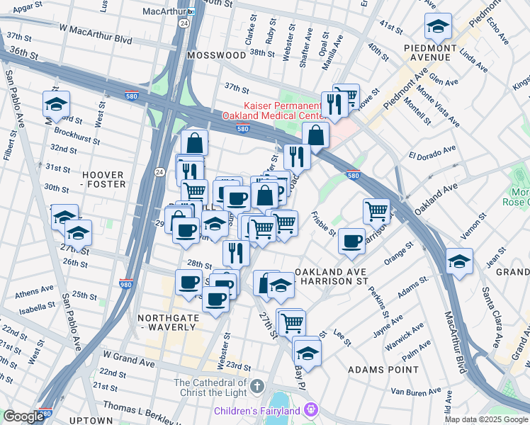 map of restaurants, bars, coffee shops, grocery stores, and more near 3001 Broadway in Oakland