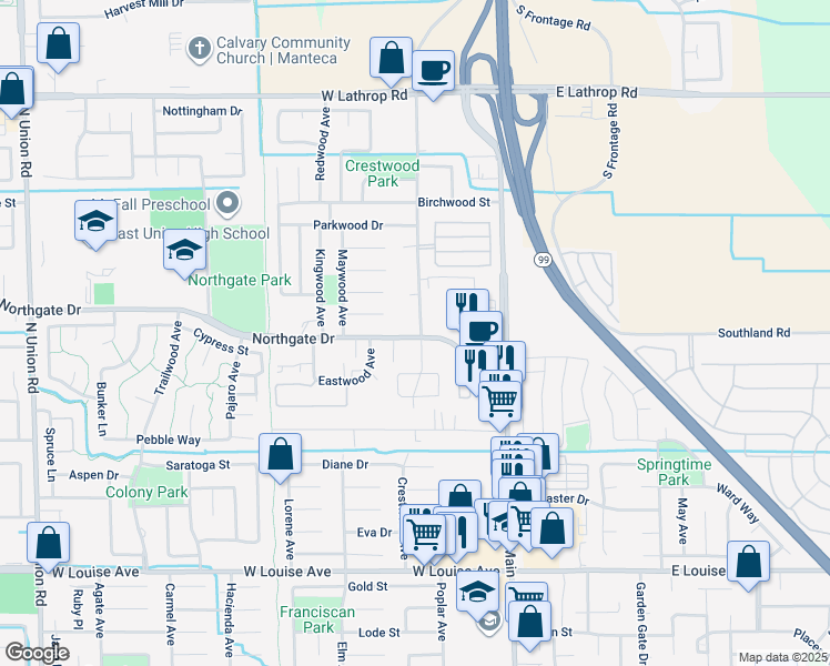 map of restaurants, bars, coffee shops, grocery stores, and more near 355 Northgate Drive in Manteca